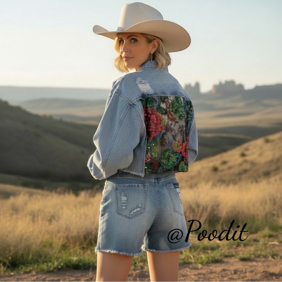 veveret Jackets & Blazers - VEVERET gorgeous jean jacket sheer sequin back distressed detail size S M L